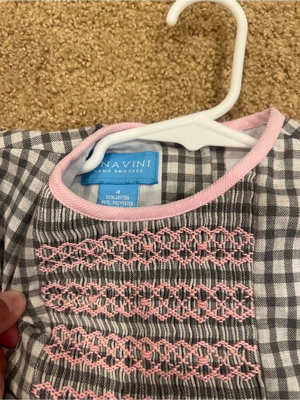 Girls Gray Gingham Smocked Dress with Pink Accents